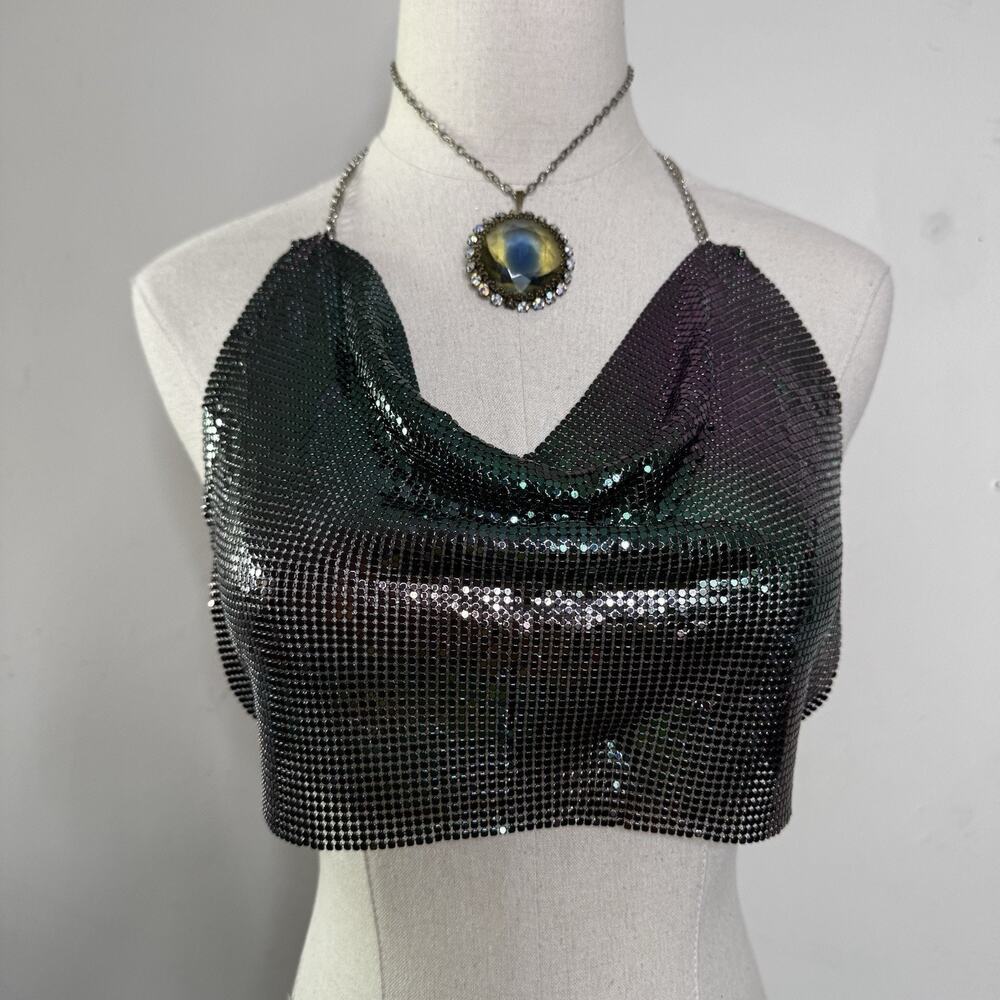 Vintage Y2K Rainbow Mesh Halter Top Cowl Neck Crop Festival Going Out XS